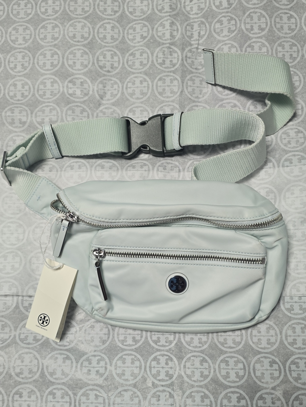 Tory Burch Pale Mint Nylon Belt Bag with Logo Emblem